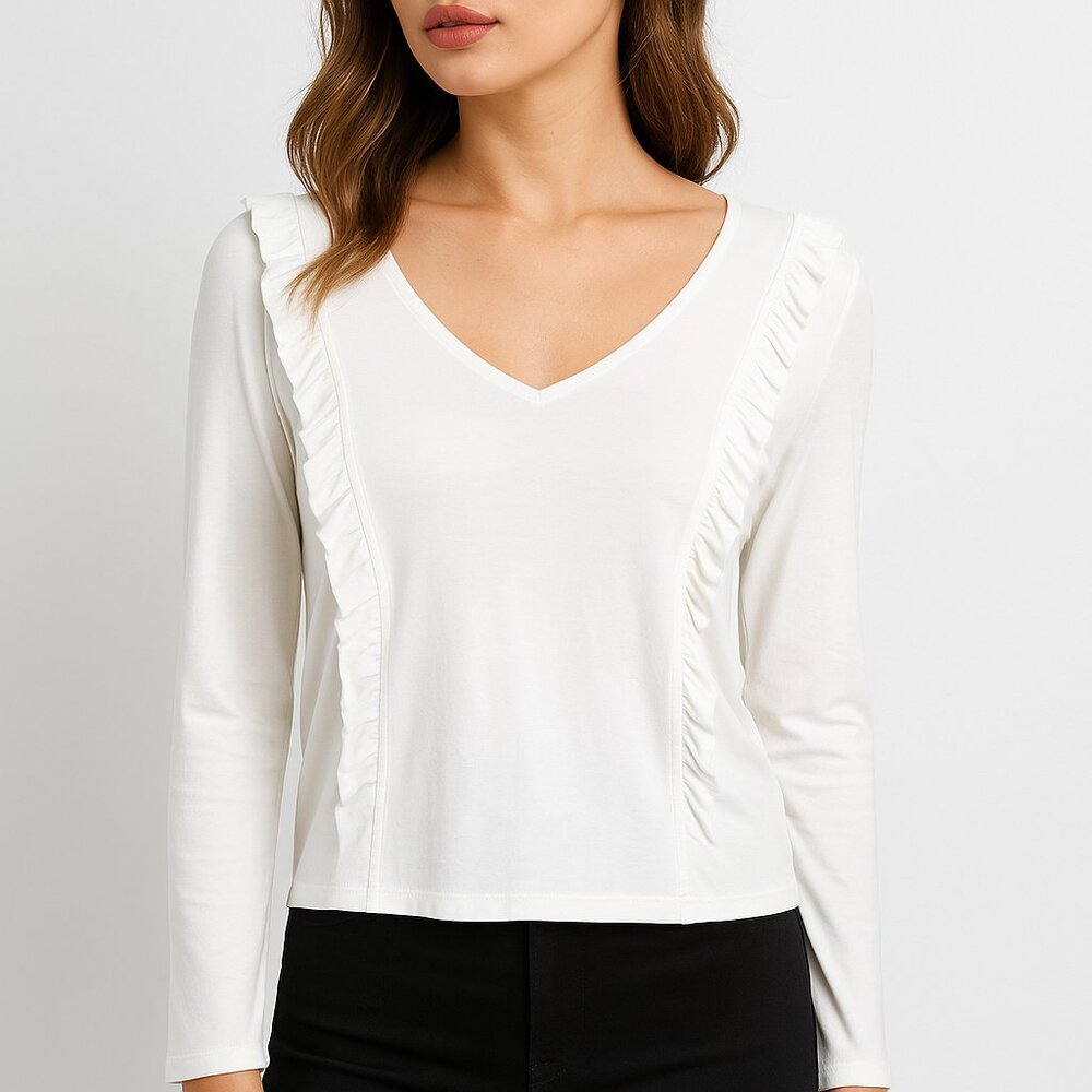 CeCe (NWOT) Women's White Ruffle Trim Long Sleeve V-Neck Blouse Feminine Chic S